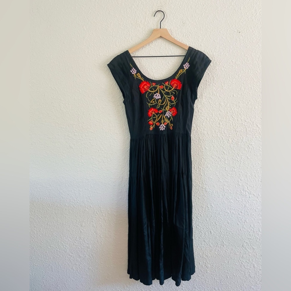 Vintage Black Midi Dress with Floral Embroidery